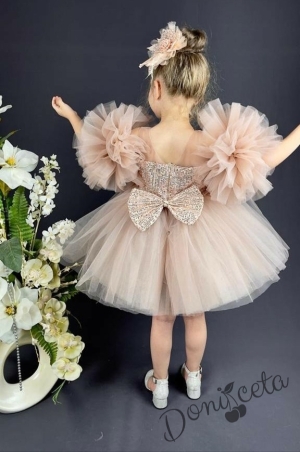 Детска официална рокля Блян с тюл в  пепелно прасковено, помпони и панделка за коса