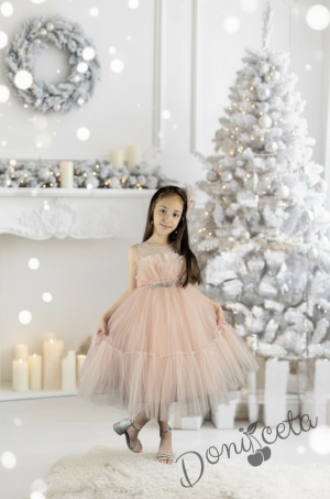Официална детска рокля Миналия без ръкав с богат тюл в прасковено и панделка за коса