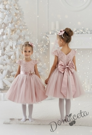 Празнична детска рокля с дантела и тюл Златина в пепел от рози и голяма панделка отзад 278ФГТ