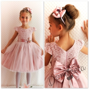 Празнична детска рокля с дантела и тюл Златина в пепел от рози и голяма панделка отзад 278ФГТ