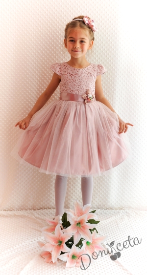 Празнична детска рокля с дантела и тюл Златина в пепел от рози и голяма панделка отзад 278ФГТ