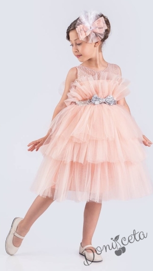 Детска празнична официална рокля Фрея с богат тюл в прасковено и панделка за коса