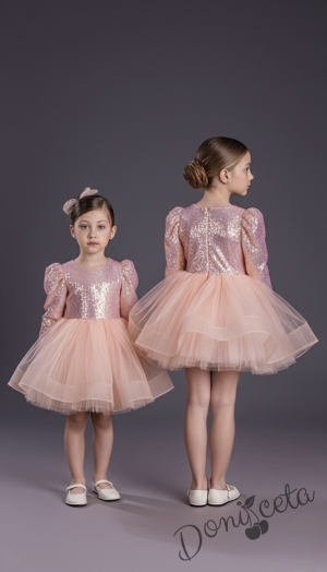 Празнична официална детска къса рокля с дълъг ръкав в прасковено с пайети Людмила