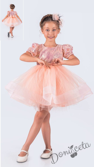 Празнична официална детска къса рокля с къс ръкав в прасковено с пайети Людмила