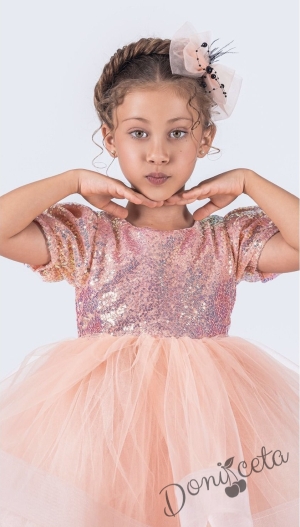 Празнична официална детска къса рокля с къс ръкав в прасковено с пайети Людмила