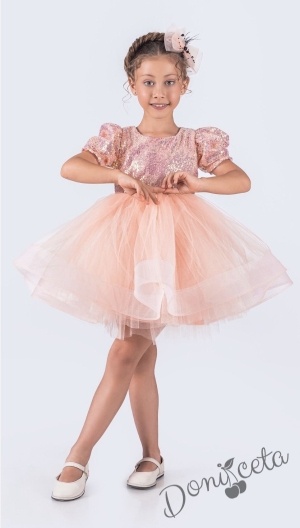 Празнична официална детска къса рокля с къс ръкав в прасковено с пайети Людмила