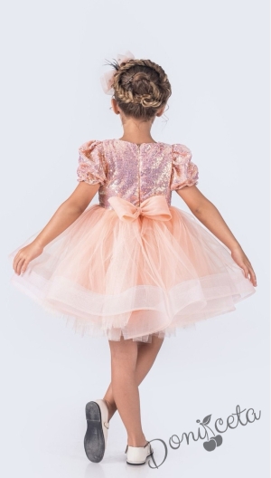 Празнична официална детска къса рокля с къс ръкав в прасковено с пайети Людмила