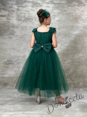 Празнична официална дълга детска рокля в зелено с тюл Малисия