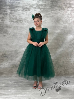 Празнична официална дълга детска рокля в зелено с тюл Малисия