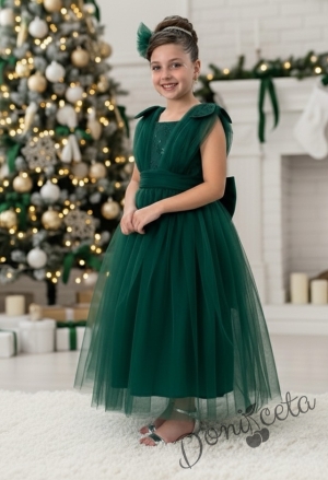 Празнична официална дълга детска рокля в зелено с тюл Малисия