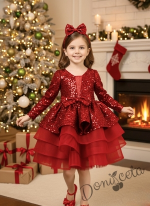 Официална детска рокля с дълъг ръкав в червено с дълъг ръкав с пайети и тюл и фиба за коса Селина