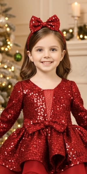 Официална детска рокля с дълъг ръкав в червено с дълъг ръкав с пайети и тюл и фиба за коса Селина