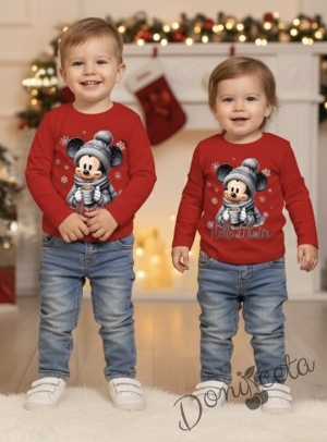 Коледна блуза в червено с дълъг ръкав и картинка на Мики Маус