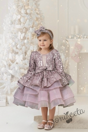 Официална детска рокля Селина с дълъг ръкав в пепел от рози с пайети и фиба за коса 
