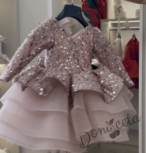 Официална детска рокля Селина с дълъг ръкав в пепел от рози с пайети и фиба за коса 