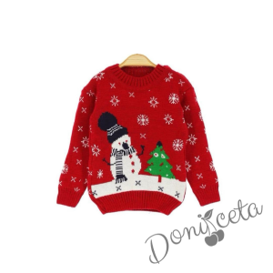 Плетен коледен пуловер със снежен човек и елха за момче