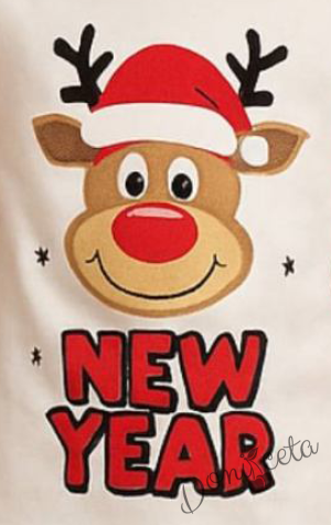 Детска коледна пижама в бяло с картинка на еленче и долнище с коледни мотиви