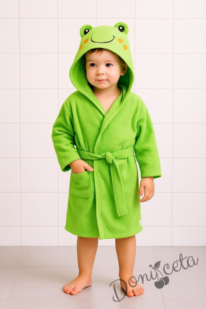 Детски халат за баня с качулка с жабче и джобчета в зелено