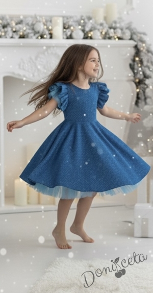 Официална празнична детска рокля с къс ръкав с брокат Балеа в светлосиньо с тюлче на ръкавите от колекция Кралина