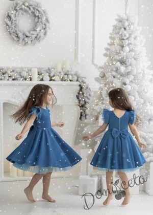 Официална празнична детска рокля с къс ръкав с брокат Балеа в светлосиньо с тюлче на ръкавите от колекция Кралина