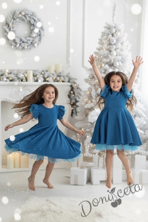 Официална празнична детска рокля с къс ръкав с брокат Балеа в светлосиньо с тюлче на ръкавите от колекция Кралина