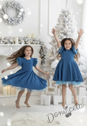 Официална празнична детска рокля с къс ръкав с брокат Балеа в светлосиньо с тюлче на ръкавите от колекция Кралина