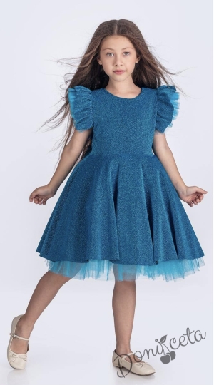 Официална празнична детска рокля с къс ръкав с брокат Балеа в светлосиньо с тюлче на ръкавите от колекция Кралина