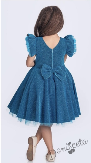 Официална празнична детска рокля с къс ръкав с брокат Балеа в светлосиньо с тюлче на ръкавите от колекция Кралина