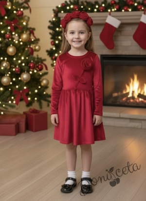 Детска плюшена рокля клош в червено с дълъг ръкав с цвете от плюш