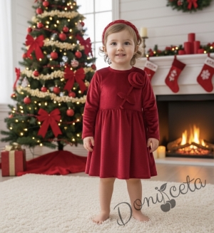 Детска плюшена рокля клош в червено с дълъг ръкав с цвете от плюш