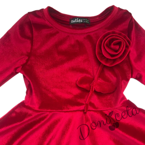 Детска плюшена рокля клош в червено с дълъг ръкав с цвете от плюш