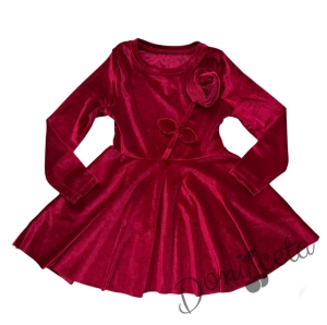 Детска плюшена рокля клош в червено с дълъг ръкав с цвете от плюш