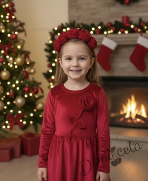 Детска плюшена рокля клош в червено с дълъг ръкав с цвете от плюш