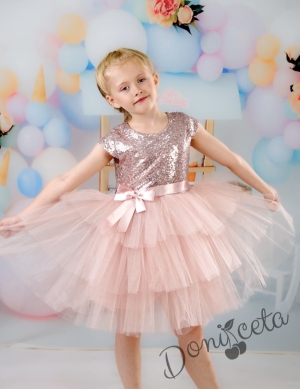 Празнична официална рокля момиче Хава в пепел от рози от пайети и тюл на 3 пласта