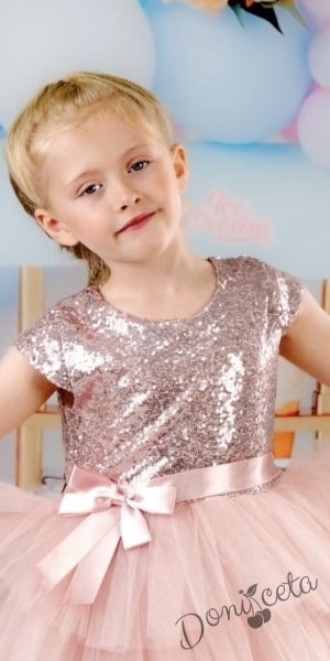 Празнична официална рокля момиче Хава в пепел от рози от пайети и тюл на 3 пласта