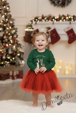 Ватирана коледна детска рокля Карена в зелено с богат тюл в червено с еленче
