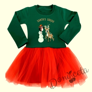 Ватирана коледна детска рокля Карена в зелено с богат тюл в червено с еленче