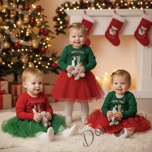 Ватирана коледна детска рокля Карена с тюл в червено с еленче