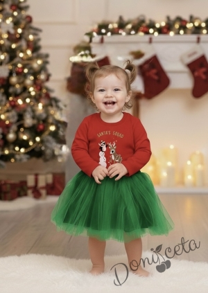 Ватирана коледна детска рокля Карена в червено с тюл в зелено с еленче