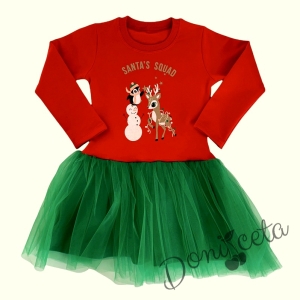 Ватирана коледна детска рокля Карена в червено с тюл в зелено с еленче