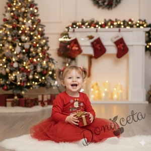 Ватирана коледна детска рокля Карена с дълъг ръкав в червено с тюл