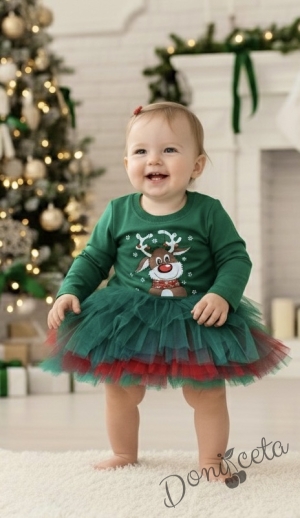 Ватирана бебешка детска коледна рокля Звън в зелено с тюл и еленче 