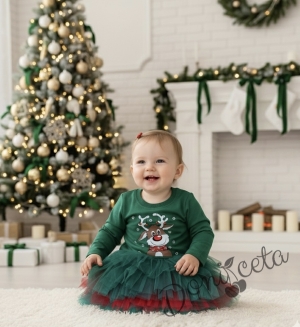 Ватирана бебешка детска коледна рокля Звън в зелено с тюл и еленче 
