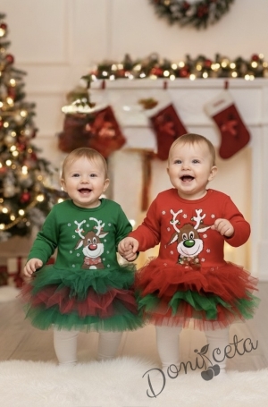 Ватирана бебешка детска коледна рокля Звън в зелено с тюл и еленче 