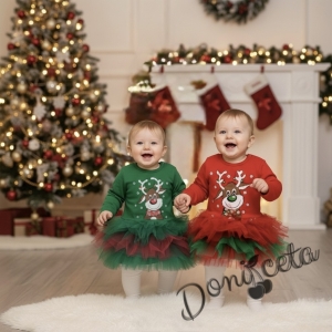 Ватирана бебешка детска коледна рокля Звън в зелено с тюл и еленче 