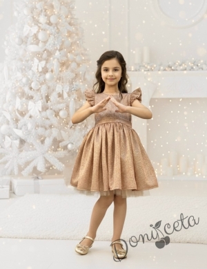 Официална детска рокля с къс ръкав с брокат в розово злато с тюл с панделка и фиба с панделка Балеа