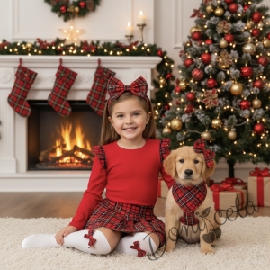 Комплект от 2 части за момиче-пола плисе от трико Гери в каре и блуза с дълъг ръкав в червено с къдрички в каре Карена