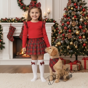 Комплект от 2 части за момиче-пола плисе от трико Гери в каре и блуза с дълъг ръкав в червено с къдрички в каре Карена