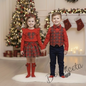 Комплект за момиче от 2 части-пола Вили от трико в каре и блуза с дълъг ръкав в червено със сърце в каре Карена