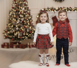 Комплект за момиче от 2 части-пола Вили в каре с панделки и блуза с дълъг ръкав в бяло с дантела Карена